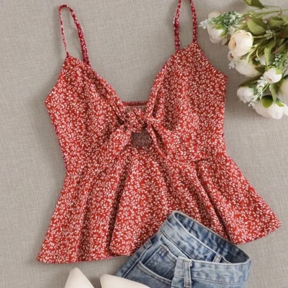 Tops - Women’s Red Floral Tie-Front Peplum Cami Top